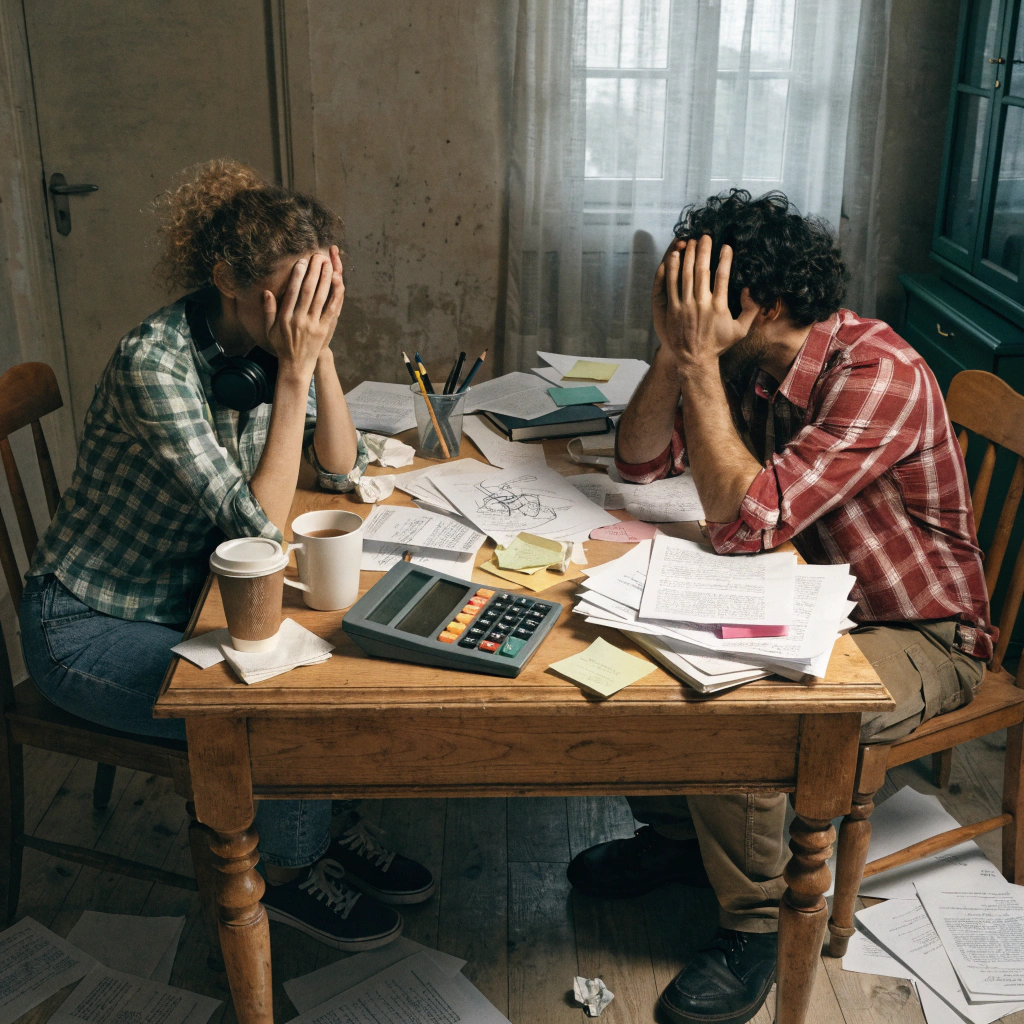 create a surreal image of a frustrated couple sitt 1